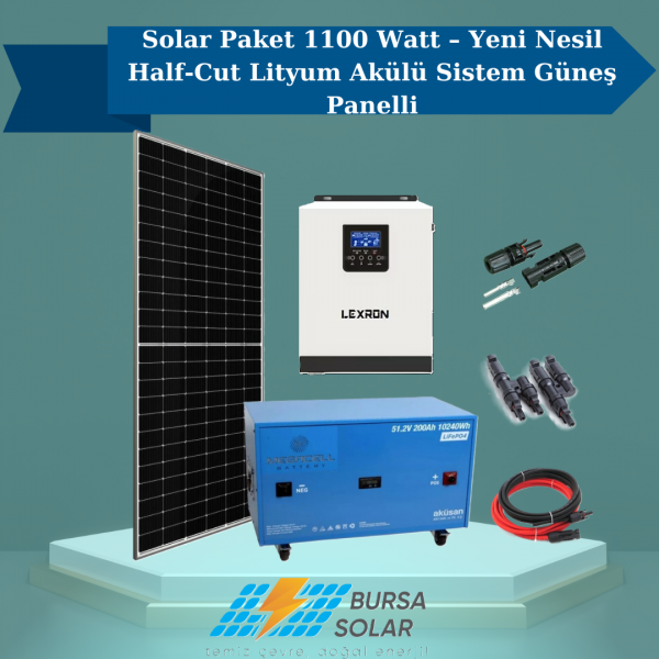 Solar Paket 1100 Watt – Yeni Nesil Half-Cut Lityum Akülü Sistem Güneş Panelli