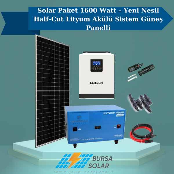 Solar Paket 1600 Watt – Yeni Nesil Half-Cut Lityum Akülü Sistem Güneş Panelli